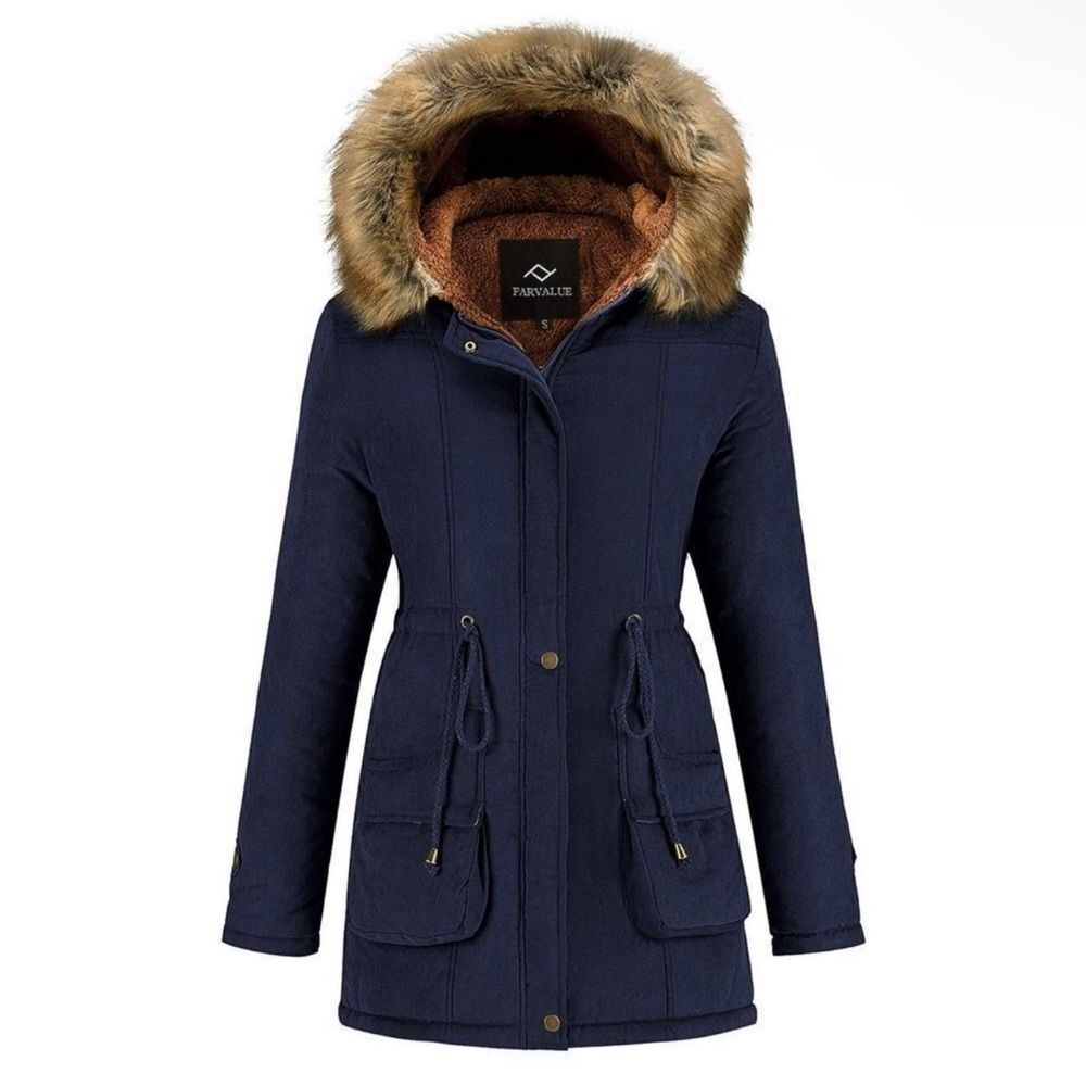 {farvalue} Black Faux Fur Trench Coat Winter Jacket